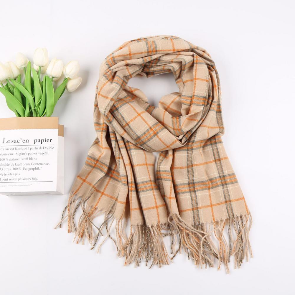 Women Scarf Plaid Pattern Tassel Decoration Thickened Scarf Long Warm Plush Neck Wrap Clothes Accessories