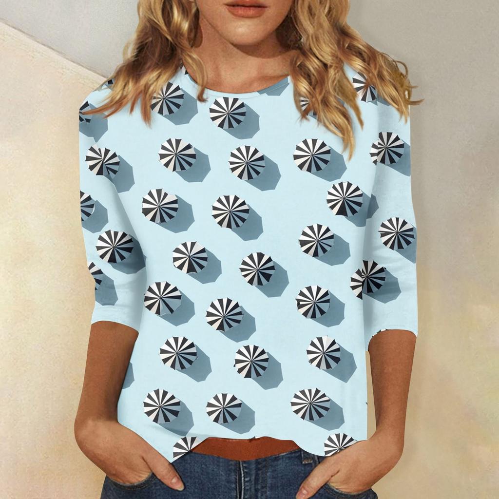Women's Fashion Casual Round Neck 3/4 Sleeve Printed T-Shirt Ladies Top