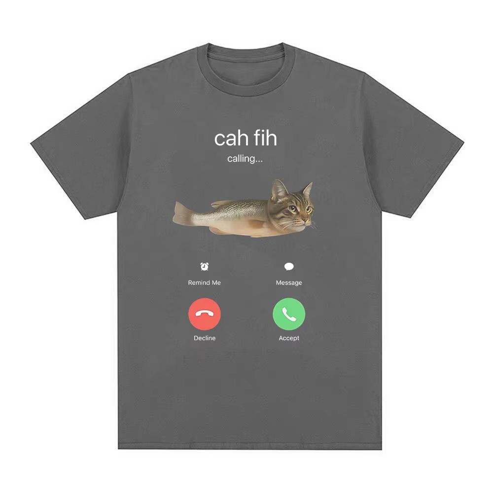 Cah Fih Meme Tshirt Funny Calling Cat Fish Hybrid Meme T Shirt Absurd Humor Internet Culture Gift Viral Short Sleeves Tops