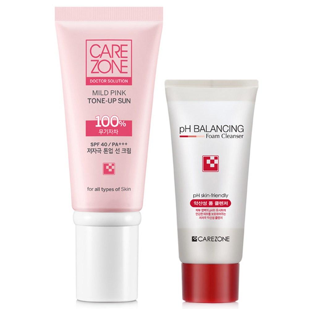 Солнцезащитный крем Care Zone Mild Pink Tone-up SPA 40 PA+++ + набор слабокислотных пенок для умывания, 81 мл, 1 набор