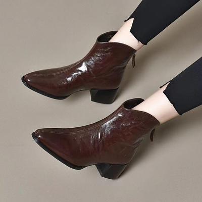 Женские ретро коричневые облегающие кожаные ботильоны - Мягкие, с вельветовой подкладкой, квадратный носок, идеально подходят для осенне-зимней моды