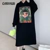 Hooded Cartoon Printing Padded and Thickened Long Knee-length Dress Women's Plus Size Autumn and Winter Long-sleeved Dresses