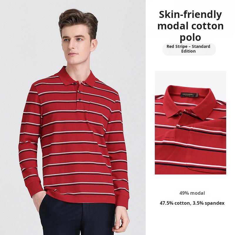 Langdeng Men's Business and Leisure Modal Cotton Collar Striped Long Sleeve T-shirt