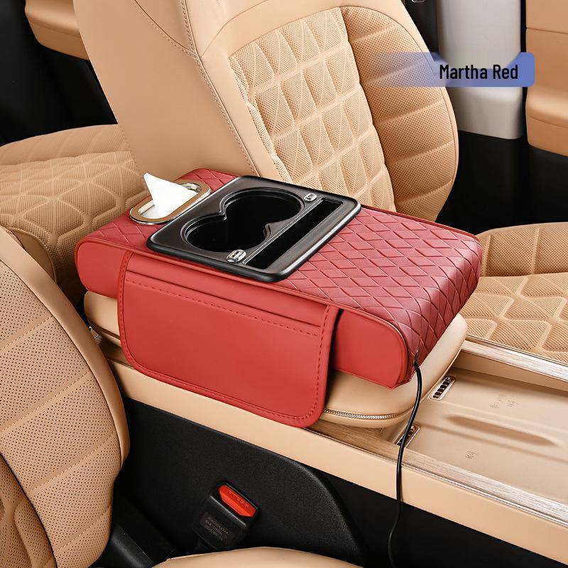 Ромбовидный зарядный подлокотник для автомобиля с кожей наппа, двойным подстаканником, хранилищем и коробкой для салфеток.