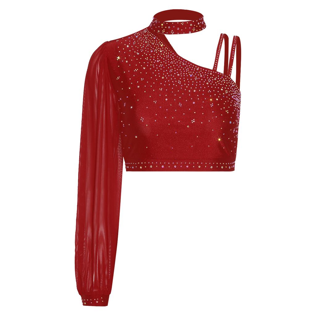 Womens Lyrical Dance Top Asymmetrical Sheer Mesh Long Sleeve Shiny Colorful Rhinestone Crop Top