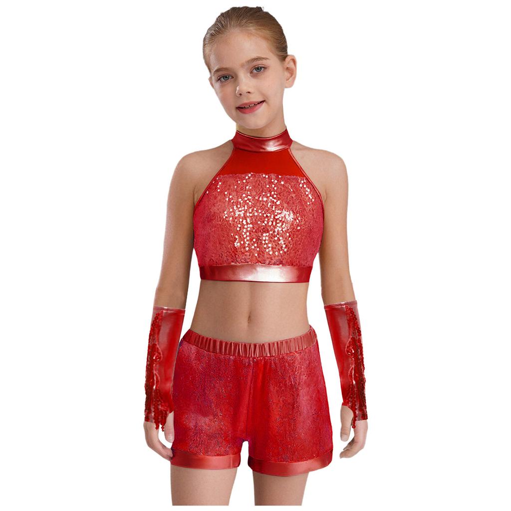 Girls Shiny Sequin Crop Top Keyhole Back Sleeveless Shorts Metallic Gloves Tassels Stage Costume