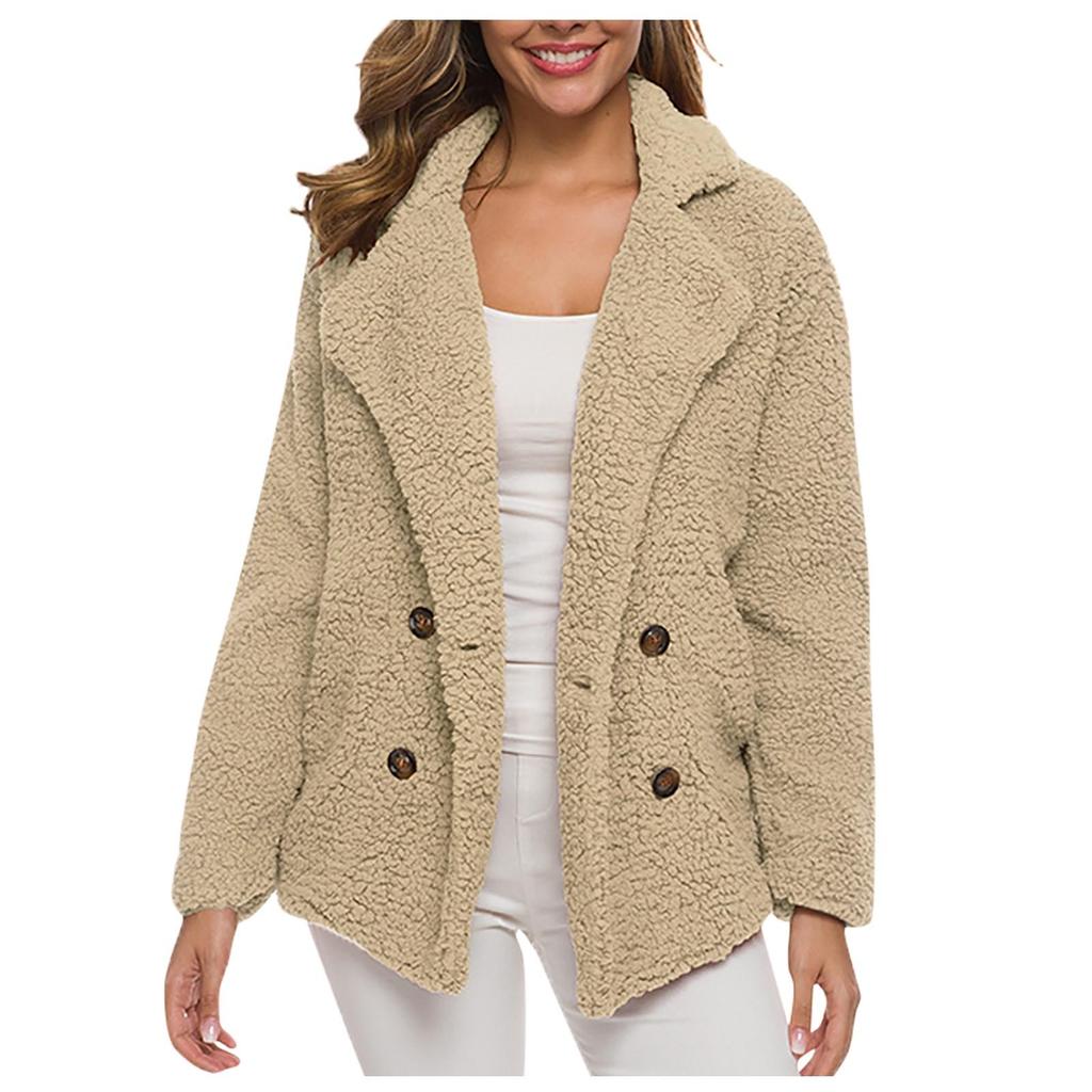 Women's Winter Casual Padded Thickened Suit Collar Button Lambswool Jacket Cardigan