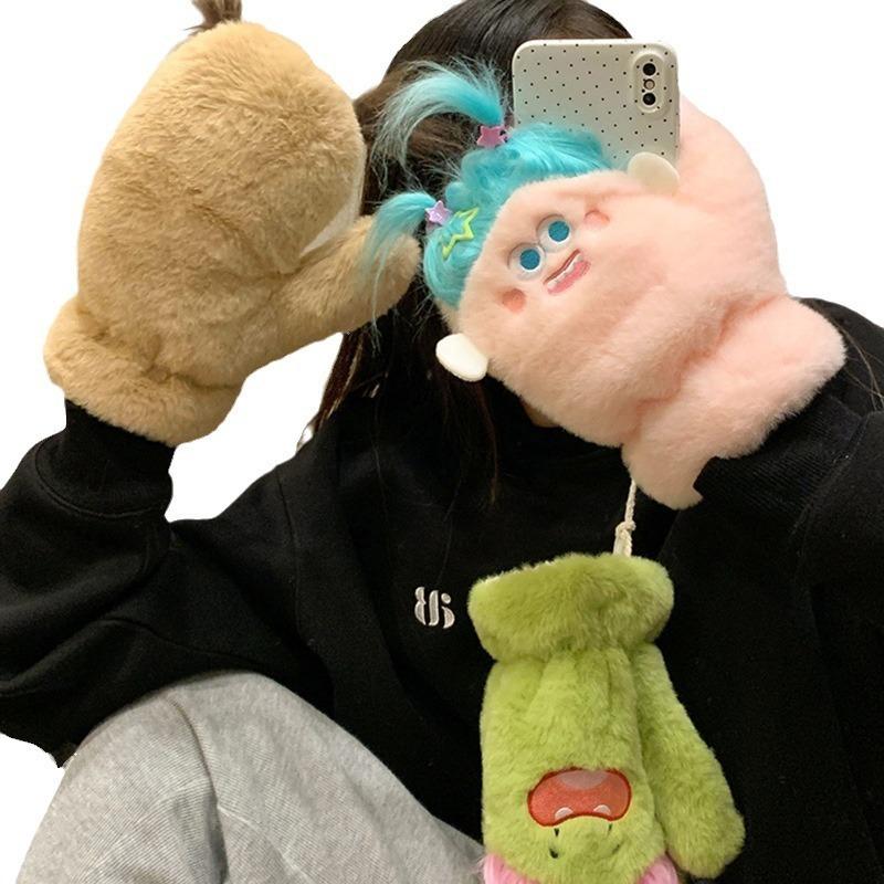 Funny Pigtails Plush Gloves Female Winter Cute Student Neck All-inclusive Finger Plush Warm Riding Cold