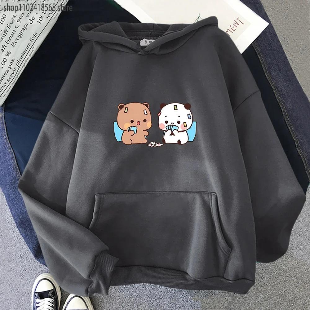 Милые Бубу и Дуду играют в покер с капюшоном и рисунком медведя панды, толстовка с длинным рукавом для женщин, кавайные топы