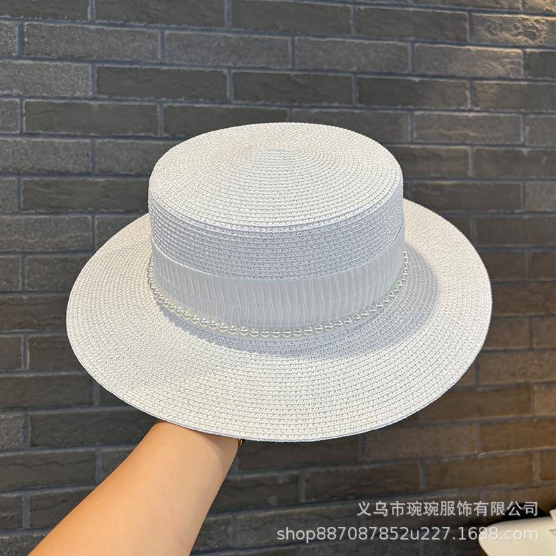 French pearl chain flat top straw hat women's sunshade summer straw weaving flat edge travel vacation seaside beach sun protection hat