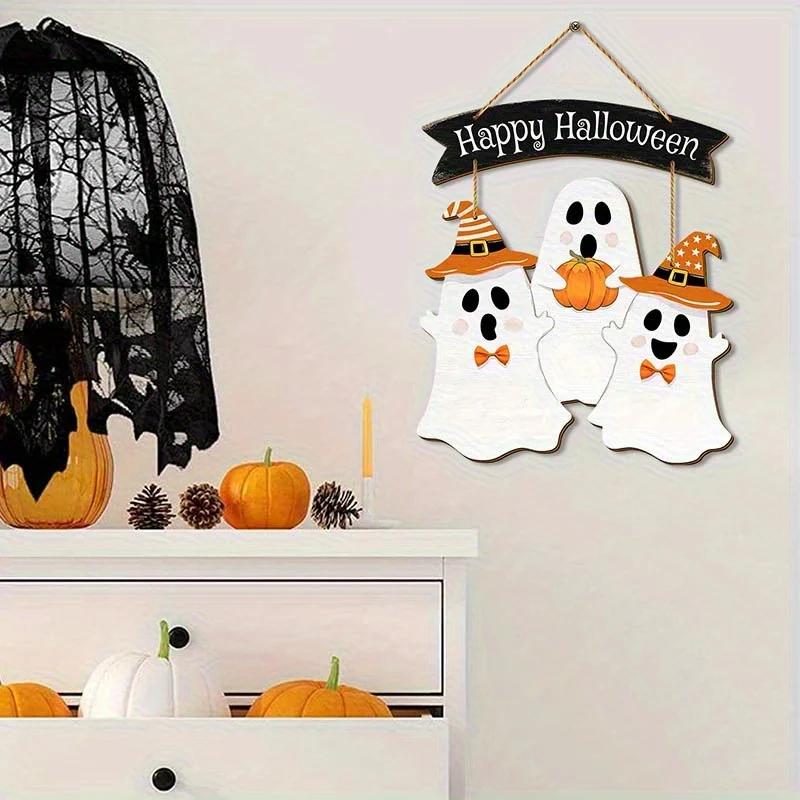 1set New Halloween Decorative 2D Wooden Sign with Pumpkin and Ghost Creative Design for Door Hanging Ghost Festival Decoration