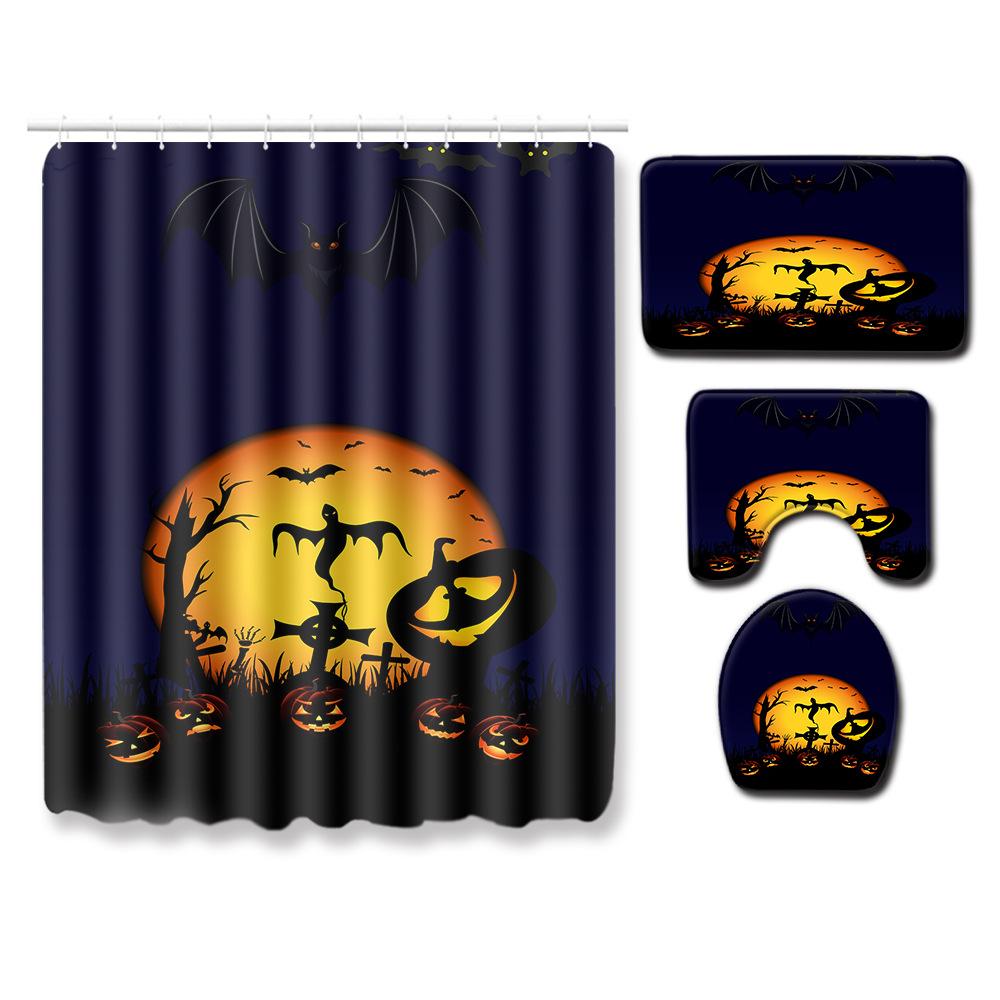Halloween Shower Curtain Floor Mat Combination Four-Piece Set Bathroom Toilet Carpet Shower Room Foot Mat