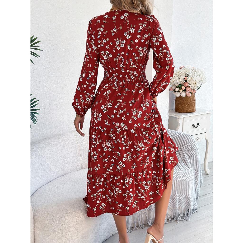 QICED Элегантный V-образный вырез, Длинные рукава, Приталенный силуэт, Юбка А-силуэта с оборками Женская одежда для осени и зимы