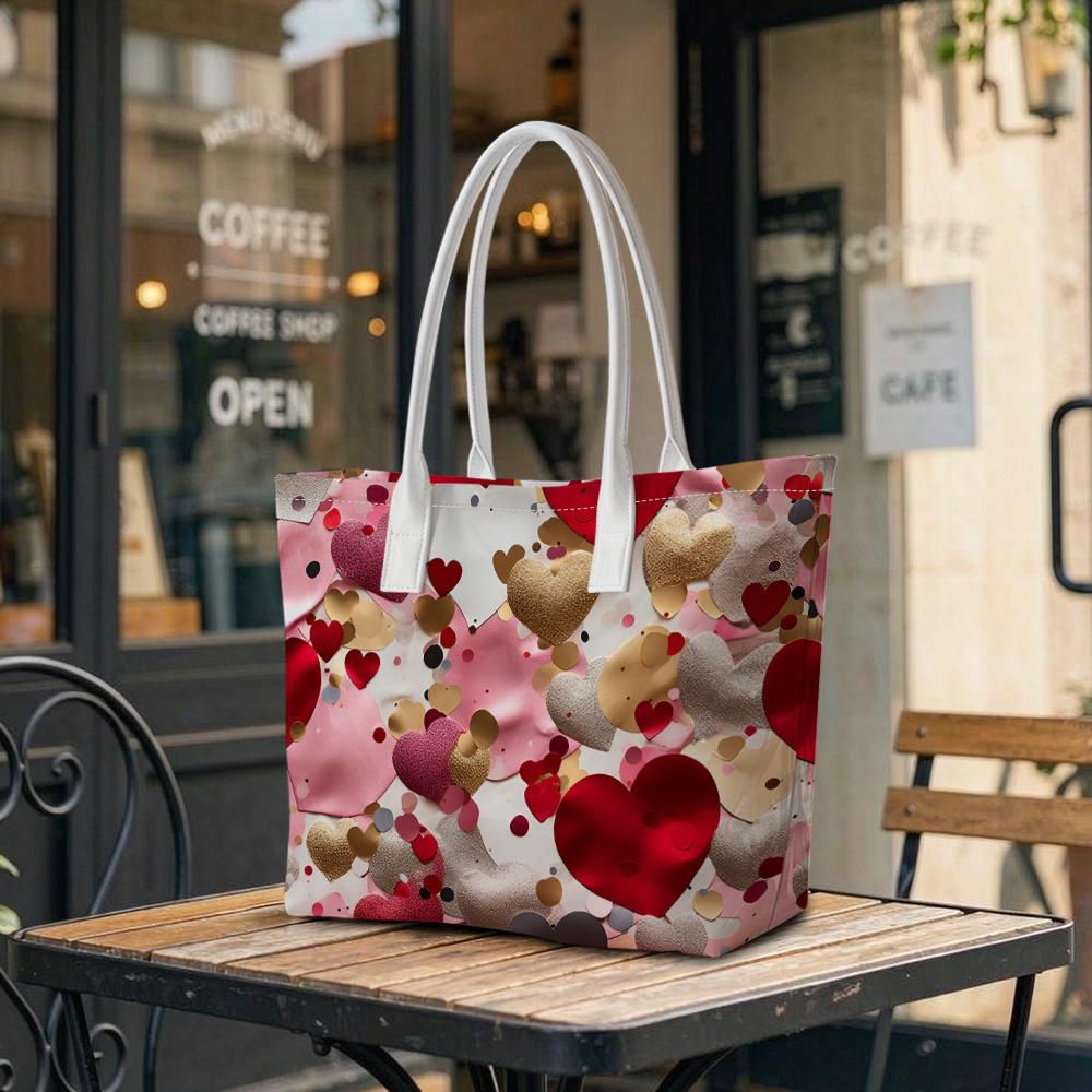 Romantic Heart Pattern Tote Bag Stylish Daily Carry Handbag for Women Trendy Lightweight Shoulder Bag for Shopping Travel