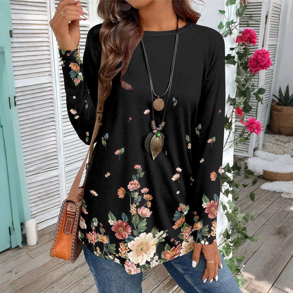 Женская повседневная футболка большого размера с длинными рукавами и круглым вырезом, винтажный этнический принт, топ-пуловер