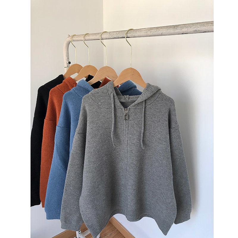 Harajuku однотонный вязаный кардиган женский корейский вариант свитер на молнии с капюшоном ленивый ветер свободные универсальные укороченные топы пальто
