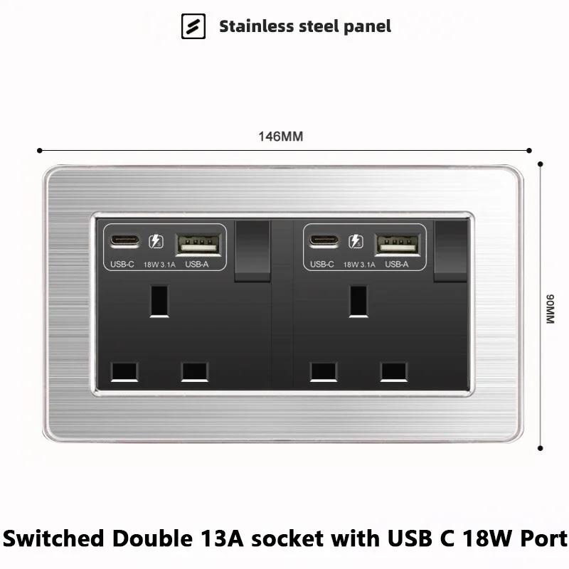 Luxury Brushed Stainless Steel Wall Light Switch,Universal 5pin 18W Type-C Quick Charging outlet,UK Standard Dual USB Socket