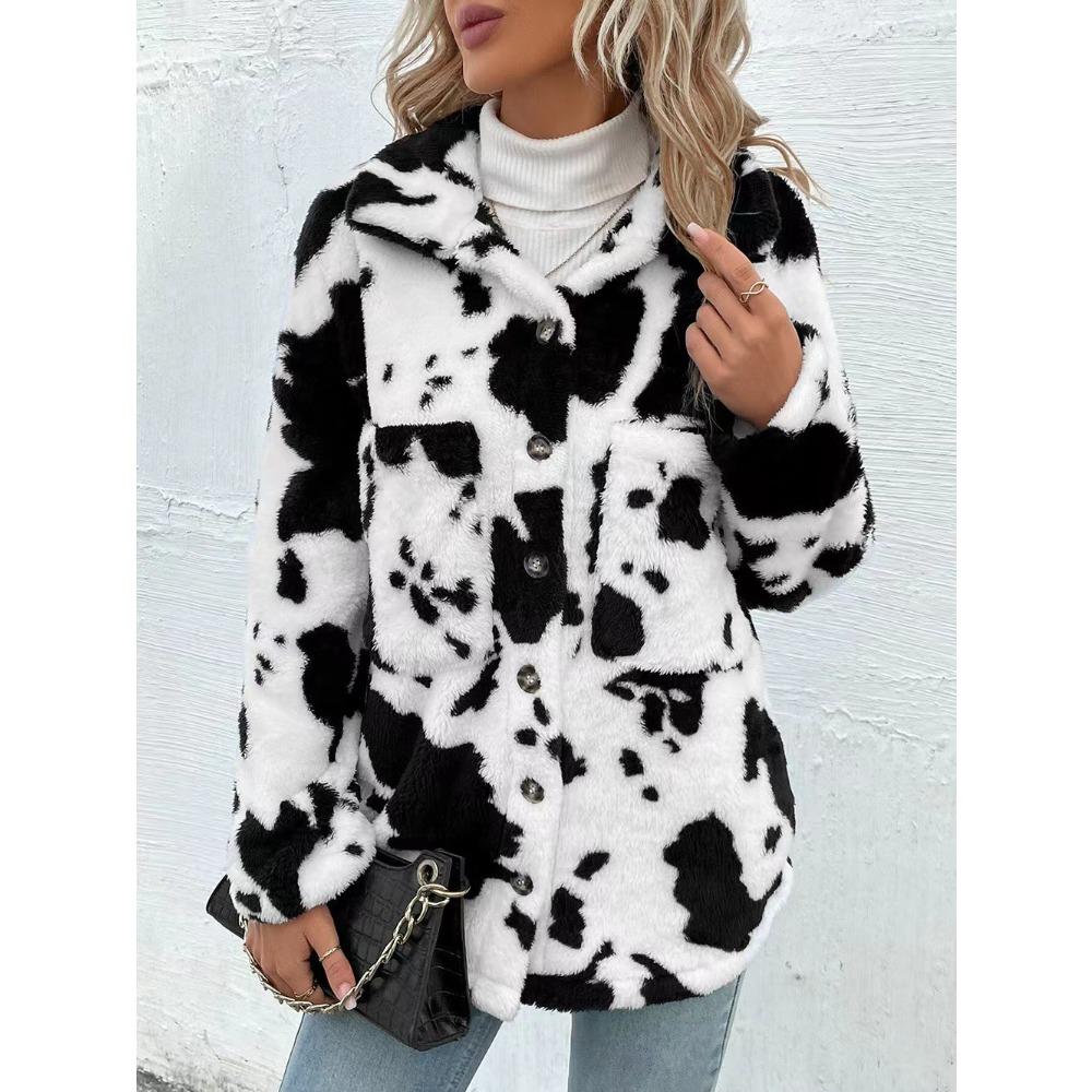 Fashion Double Sided Plush Cow Patterned Pocket Top Jacket Women's Coats Casual Tops Long Sleeve Winter Coat