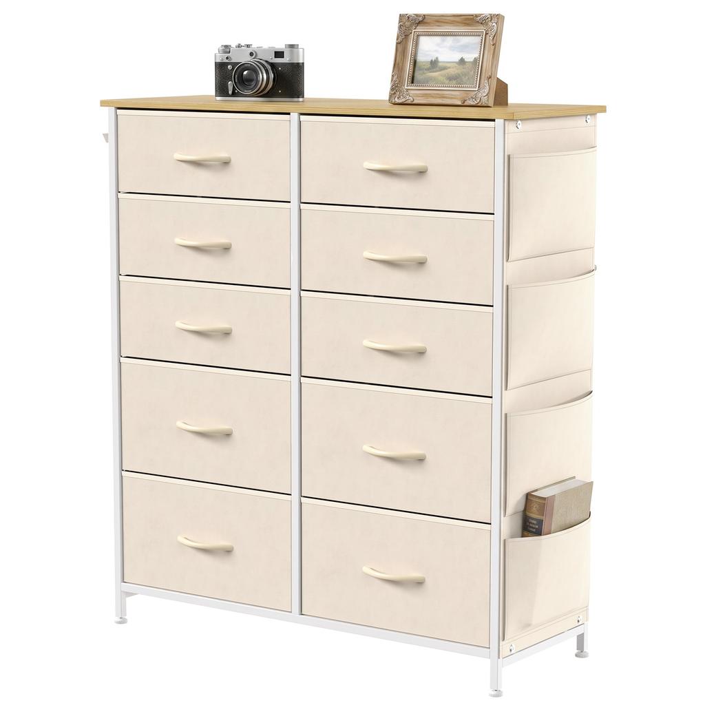 Chest of Drawers, Dresser with 10 Fabric Drawers, Tall Storage Unit with 4 Pockets and 2 Hooks Steel Frame, Beige