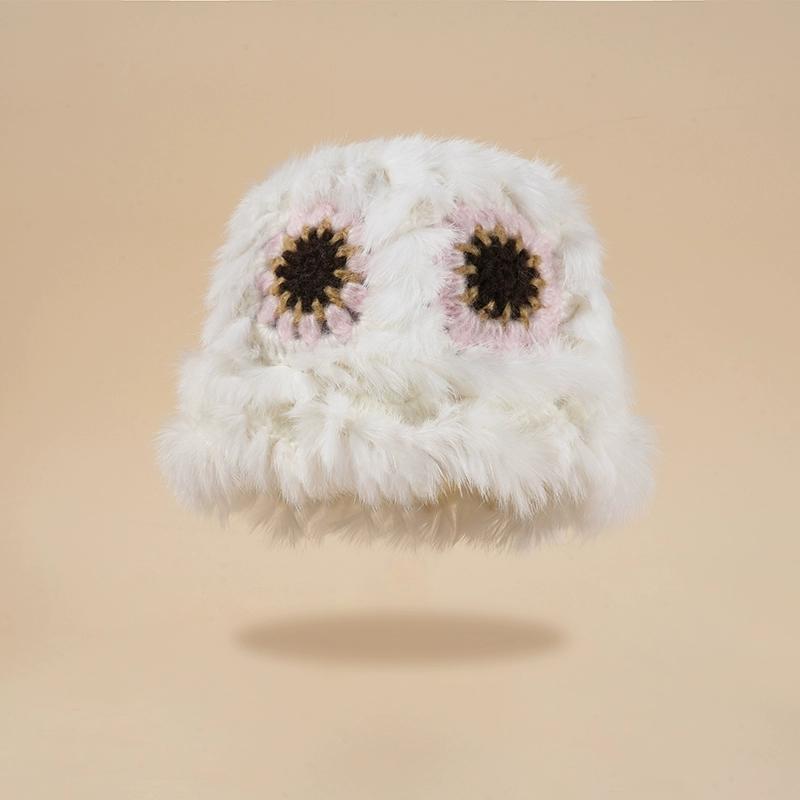 Вязаная шапка-ведро из меха кролика, женская, зима 2023, новая плюшевая утолщенная термошапка с изображением маленького лица