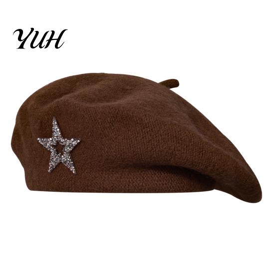 Artist Cap with Rhinestone Star Women Knitted Beret Hat for Fall Winter, French Style Knitting Star, Stretchy Solid Color Elastic