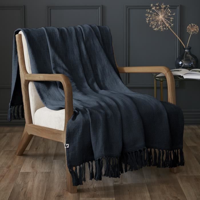 Plaid - Sixtine - Bleu marine - 130 x 160 cm - 100% coton - Lavable à 30° C