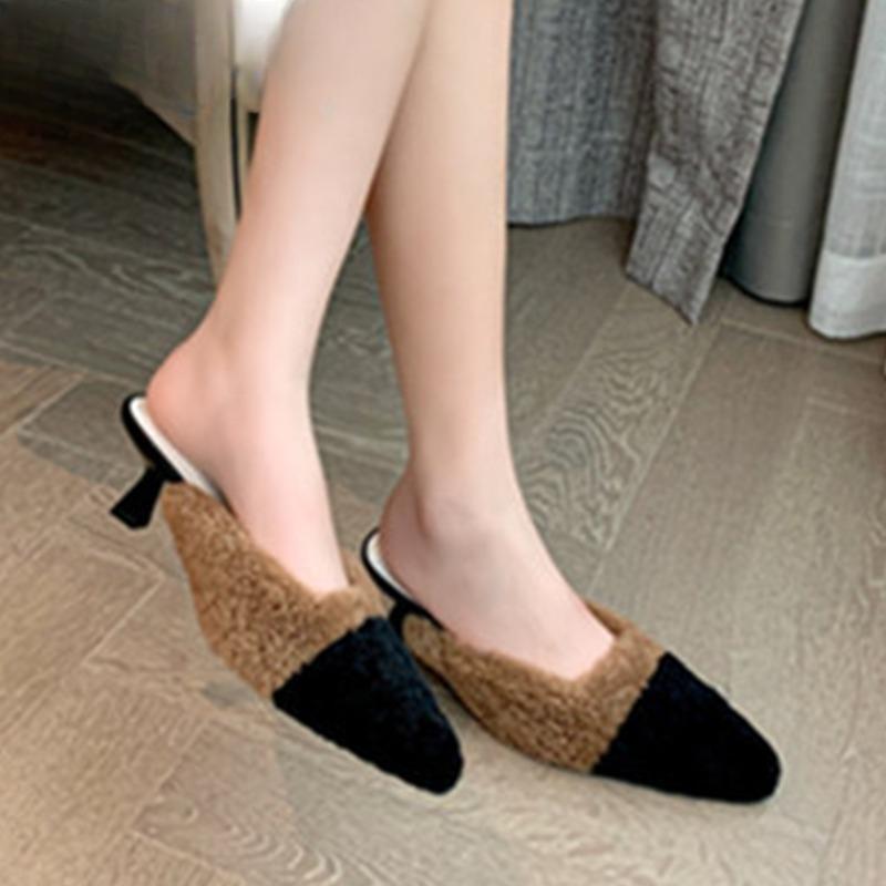 Sexy Pointed Toe Fur Slippers Women Heels Shoes Winter Elegant Mules Shoes 2024 New Fashion Flip Flops Slingback Pumps Sandals