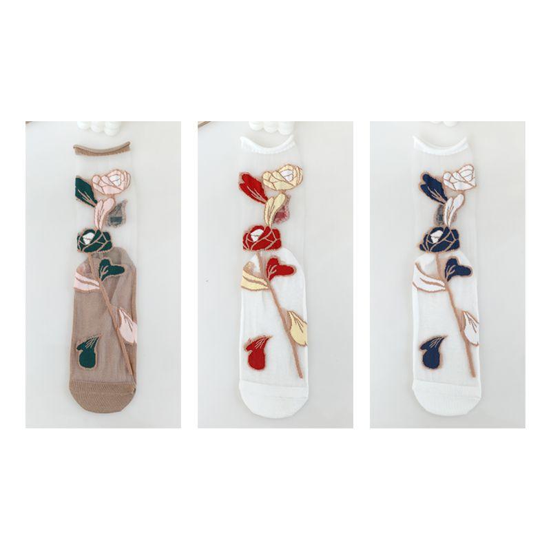 1/3/5/10 пар прозрачных нейлоновых длинных носков, женские летние ультратонкие дышащие шелковые носки с кристаллами, милые кружевные носки с вышивкой и цветочным узором