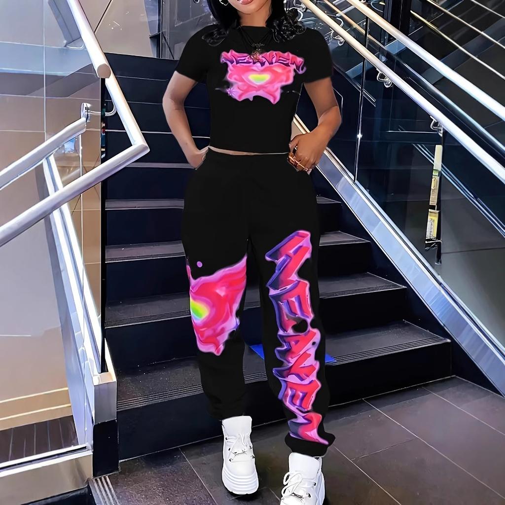 Women's Heart-shaped Letter Printing Two-piece Set Short-sleeved Sleeve Round Neck Navel-exposed T-shirt Casual Sports Drawstring Trousers