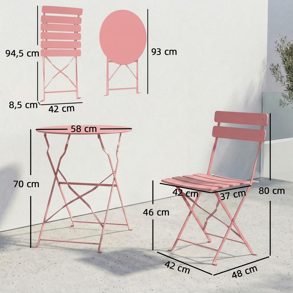 Garden Bistro Set 3 Pieces Table and 2 Folding Slatted Chairs Double Rust Protection Pink