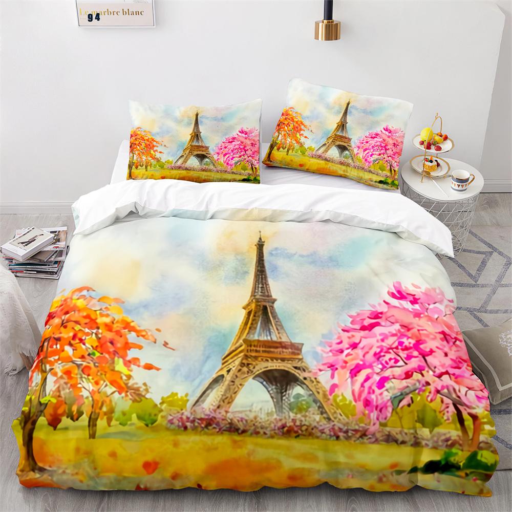 Paris Eiffel Tower Themed Duvet Cover Set City Landscape Sky Cloud Comforter Cover Home Decor Romantic Bedspread Cover King Size