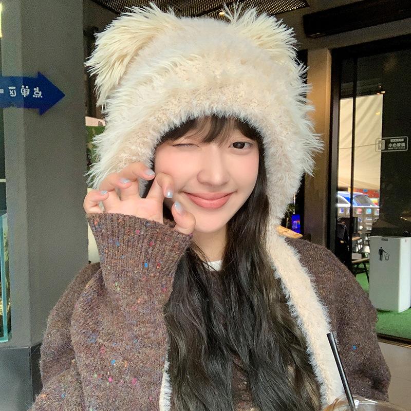 Зимняя мультяшная милая плюшевая шапка с медвежонком корейского выпуска, теплая шапка для девочек с изображением лица, маленькая шапка Баотоу с капюшоном