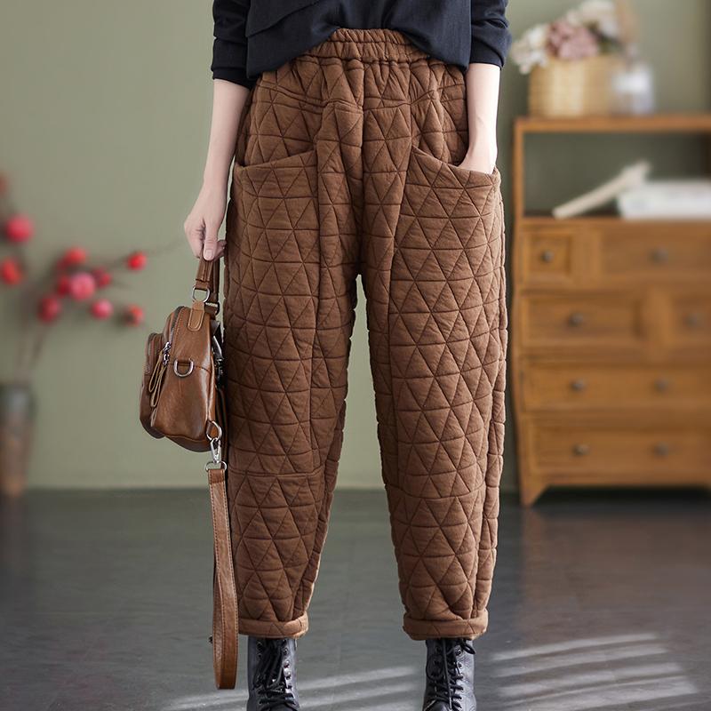 Большие размеры, корейские осенне-зимние женские толстые теплые брюки с высокой талией, коричневые, зеленые, черные свободные брюки, шаровары с карманами на эластичной талии