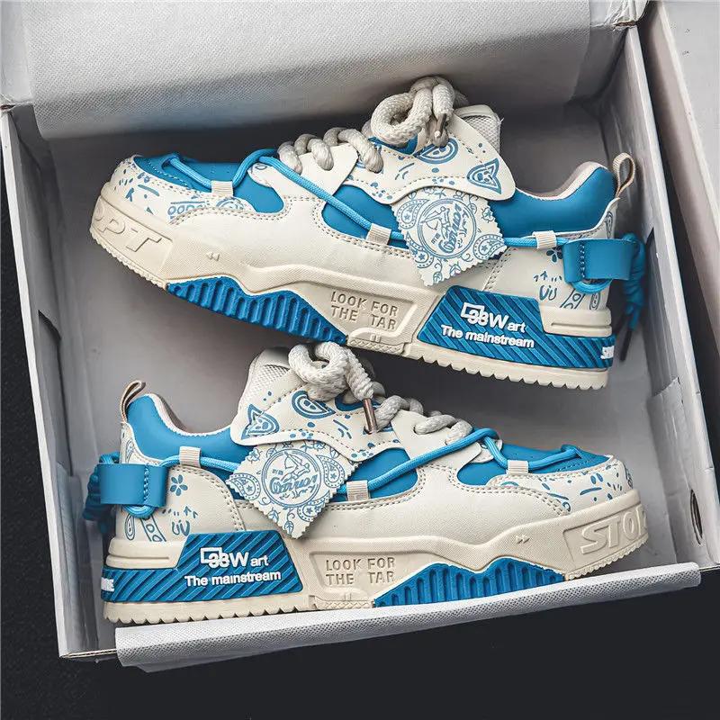 Модная мужская обувь 2025 Кроссовки на платформе Новый трендовый дизайн Граффити Обувь для скейтборда На шнуровке Мягкая подошва Нескользящая Обувь для спорта на открытом воздухе