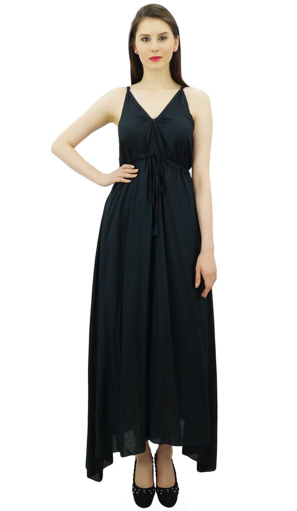Bimba Women's Long Maxi Cotton Beach Dress Drawstring Waist Strappy Resort