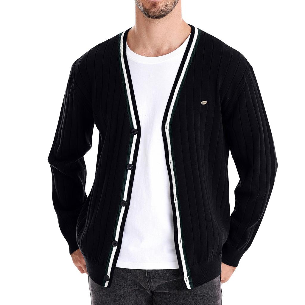 Men's Winter V-neck Long Sleeve Contrast Color Trimming Jacket Men's Loose Solid Color Knitted Cardigan