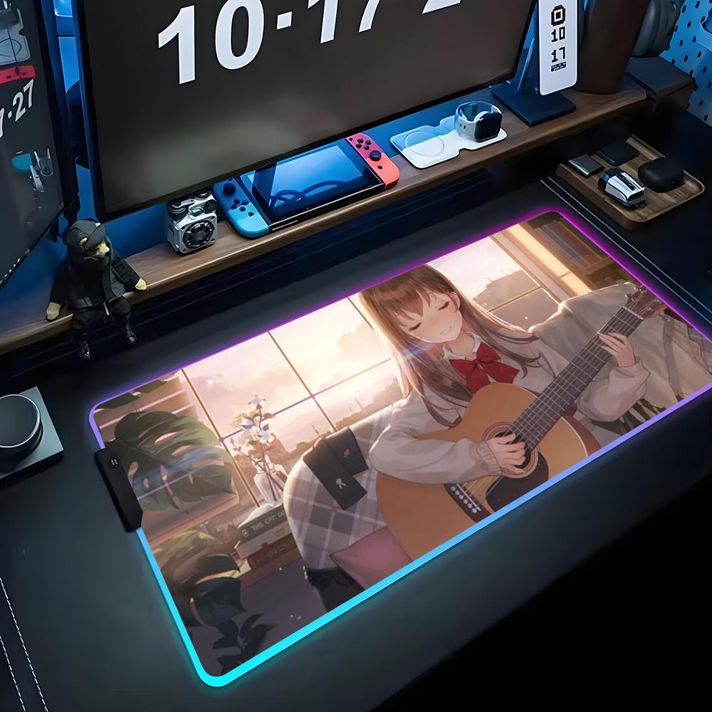 Аниме гитаристка Коврик для мыши RGB Игровой коврик для мыши Большой светодиодный коврик Настольный коврик для ПК Светящийся коврик для мыши Большие коврики для клавиатуры Настольный ковер С