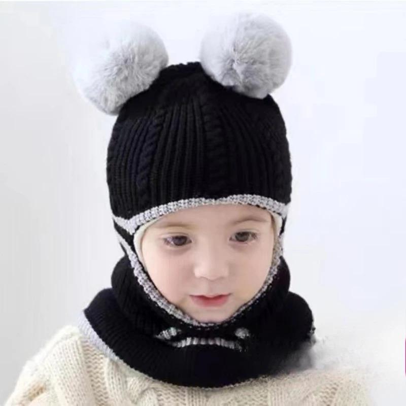 Детская зимняя шапка с помпоном, детские вязаные шапки, шапка для маленьких девочек и мальчиков с теплой флисовой подкладкой, шапки для детей