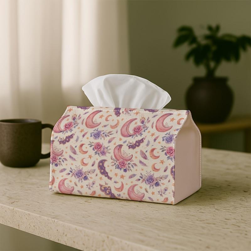 1pc Boho Floral Ramadan Celebration Tissue Holder Featuring Ramadan Crescent And Pink Roses, Versatile Fabric Tissue Box, Ideal for Outdoor Events, Da