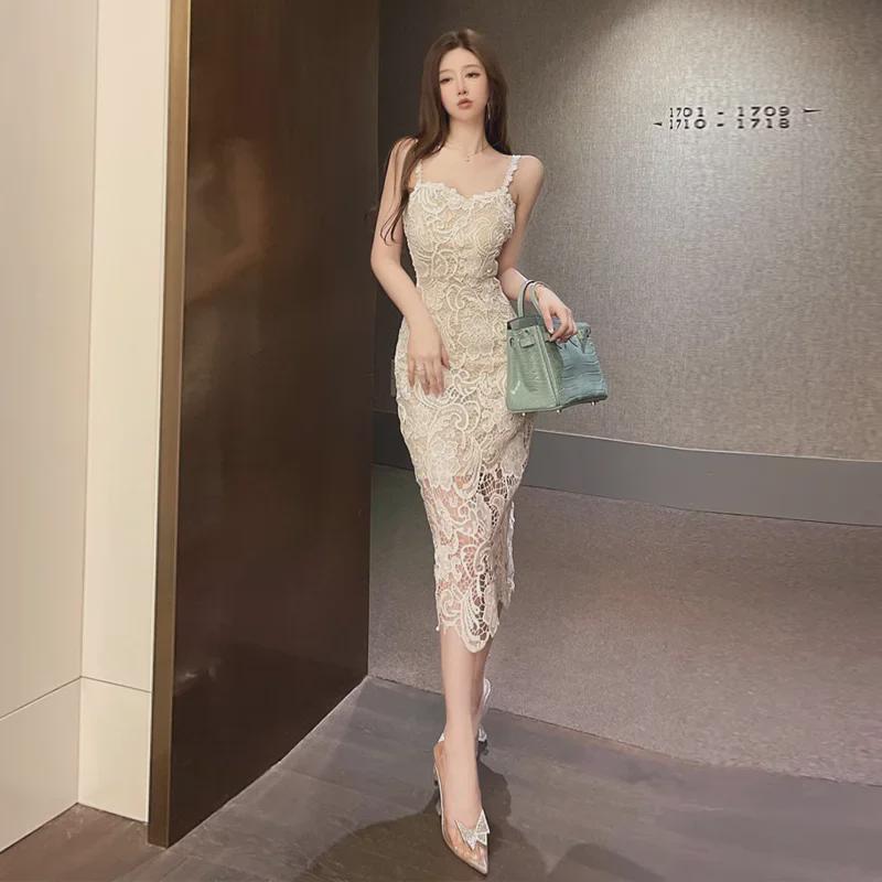 2024 Женское сексуальное платье с V-образным вырезом, кружевом, открытыми плечами, утягивающее, на подтяжках