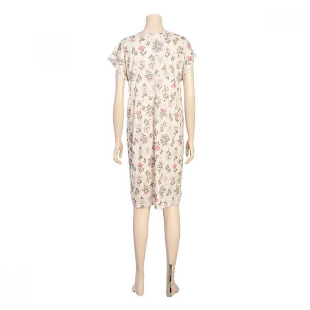 Beige Flower Cool Cotton Modal Short Sleeve Easy Dress Ggw1033l