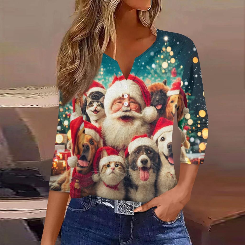Women's Fashionable Casual Christmas Printed V-neck Three-quarter Sleeve Decorated Button Top