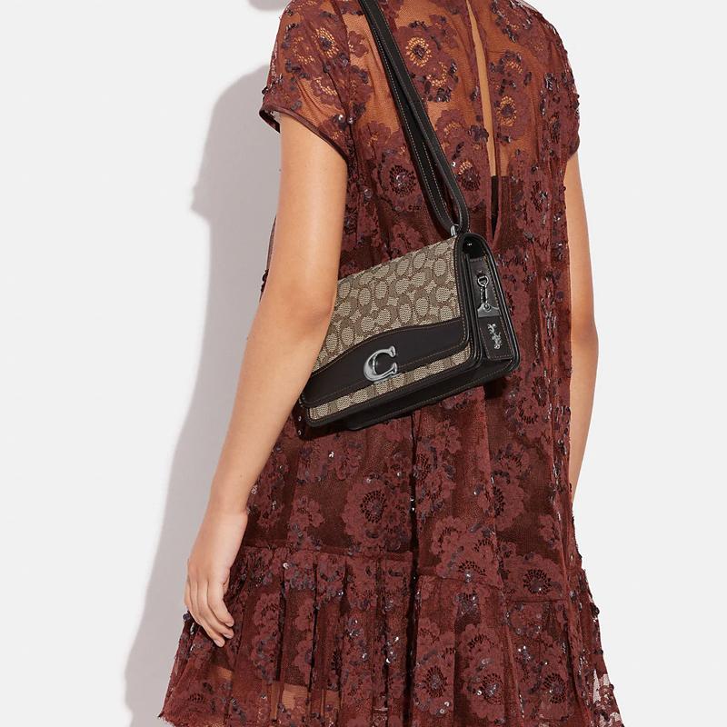 Новая маленькая квадратная сумка COACH Bandit из коровьей кожи с тканью, сумка через плечо, сумка на плечо, среднего размера, женская CD709-LHUW7