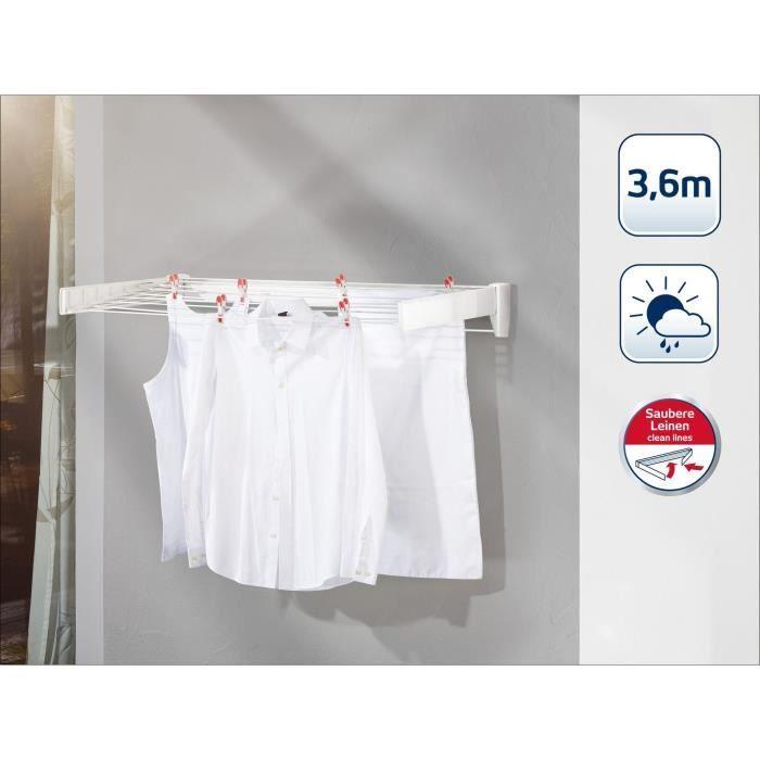 Séchoir mural Leifheit Telegant 36 Protect Plus 83201, étendoir mural dépliable avec 5 barres de 72cm, matériau inoxydable, blanc