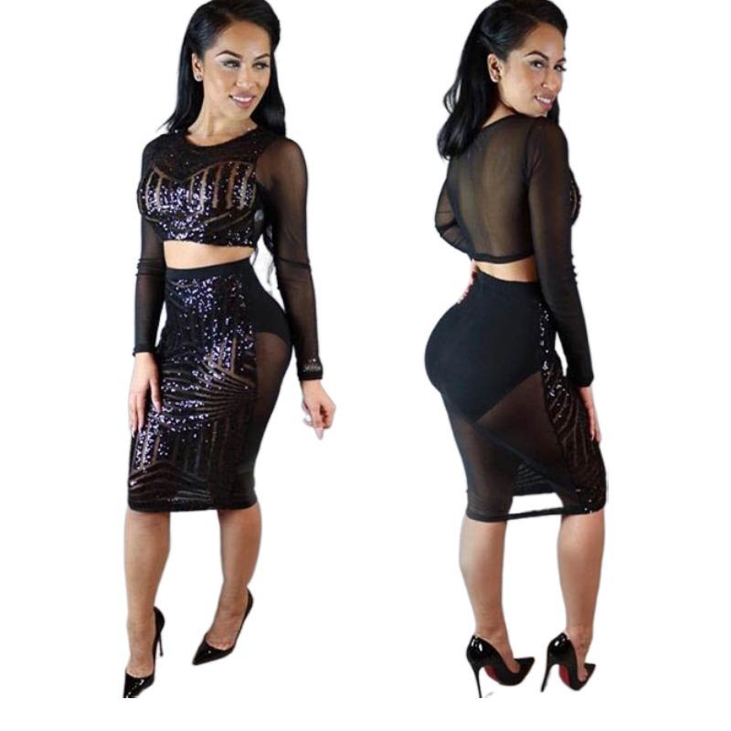 Black Sequin Mesh Contrast Two-Piece Women's Suit
