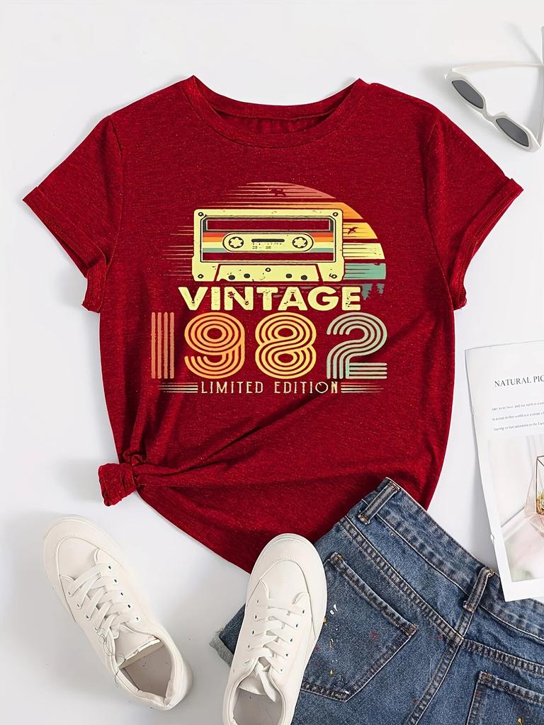 Vintage 1982 Letter Print Unisex T-shirt Casual Crew Neck Short Sleeve T-shirt WoUnisex Clothing Female TopsTees