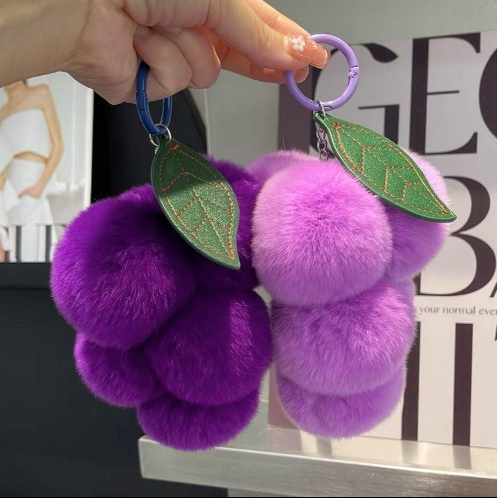 2Pcs Soft Plush Furry Grape Key Chain Charm Decor Rex Rabbit Fur Fruit Keychain Pendant Car Keychain Cute Pompoms Keyring Purse