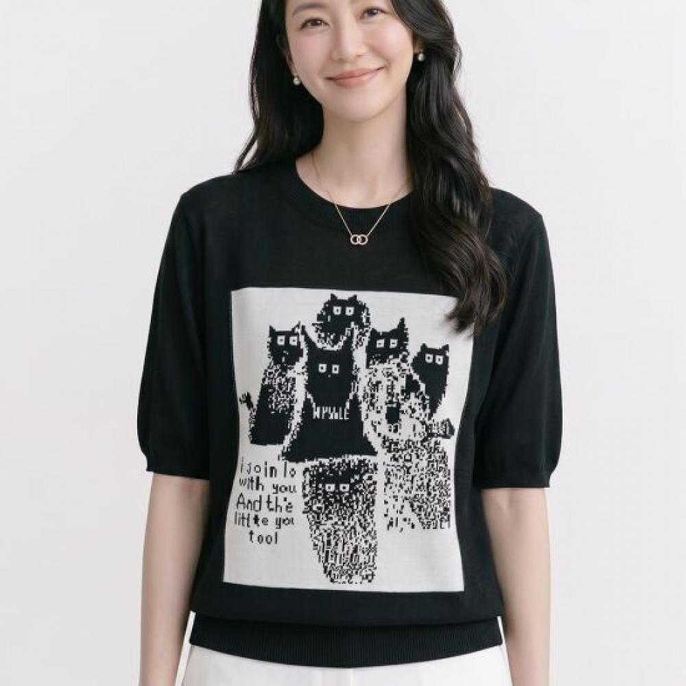 Navava Women DoT CaT PrinTing Round Neck ShorT Sleeve KniT T shirT Nk3678