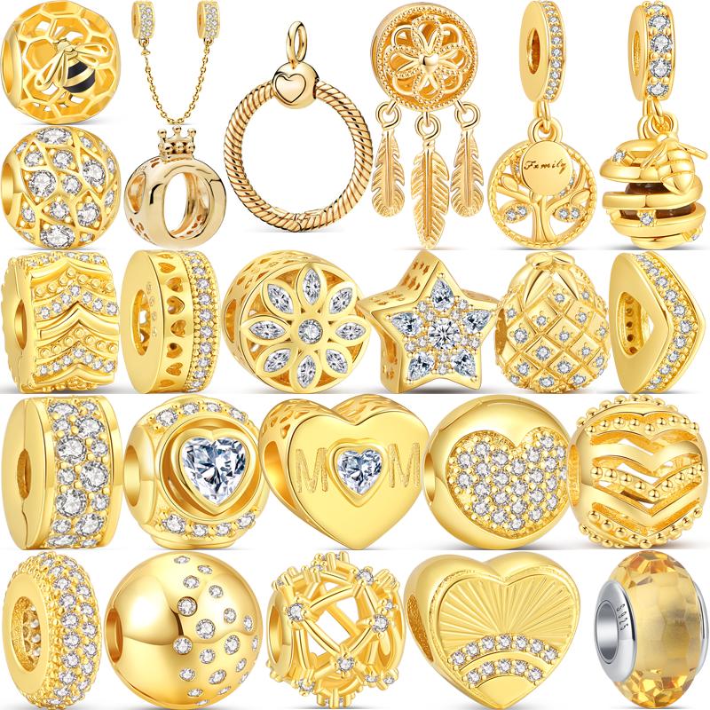 S925 Sterling Silver Golden Charm Crown Family Tree Safety Chain Hollow Beads Fit Original Bracelets Women Europe Jewelry