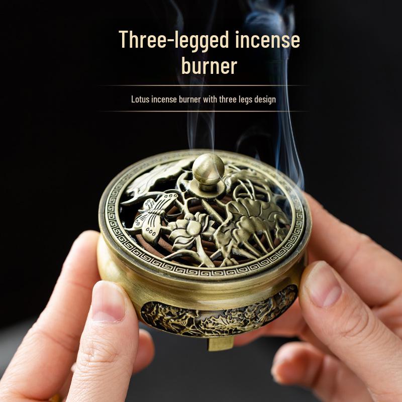 Antique Gold Tripod Carved Copper Incense Burner for Home Zen Tea Ceremony